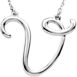 Sterling Silver Script Initial V 16" Necklace
