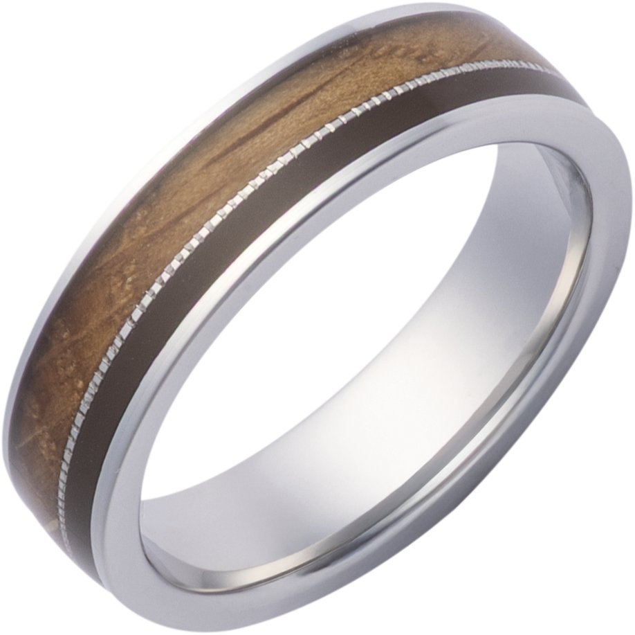 Whiskey Barrel Wood, Stippled Cobalt & Brown Epoxy Inlay Comfort-Fit Flat Band