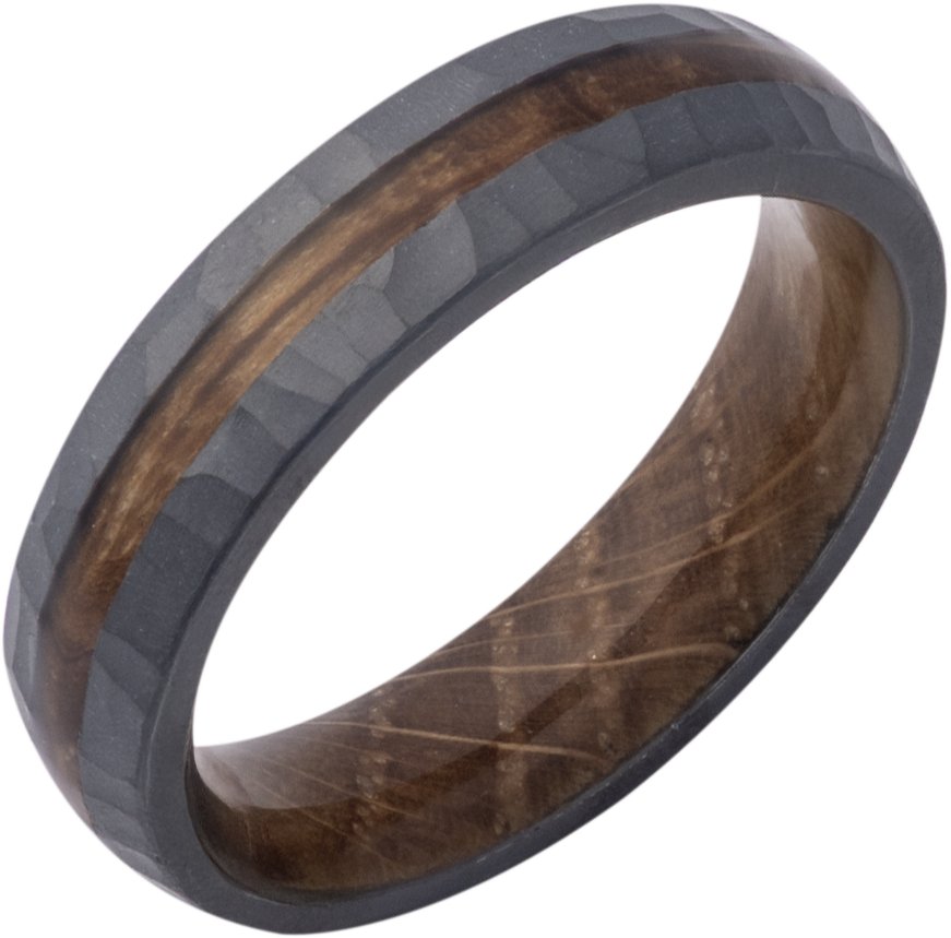 Whiskey Barrel Wood Inlay & Interior Sleeve Comfort-Fit Half-Round Band