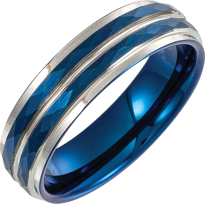 Stepped-Edge Grooved Comfort-Fit Band with Hammer & Satin Finish