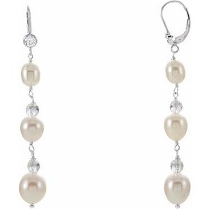 Sterling Silver Cultured White Freshwater Pearl & Imitation Cubic Zirconia Earrings