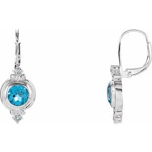 Sterling Silver Natural Swiss Blue Topaz & Imitation White Cubic Zirconia Lever Back Earrings