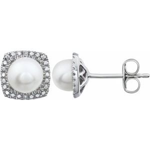 Sterling Silver Cultured White Freshwater Pearl & .015 CTW Natural Diamond Earrings