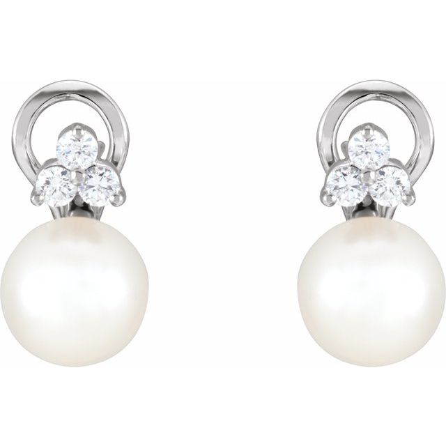 14K White Cultured White Freshwater Pearl & 3/8 CTW Natural Diamond Earrings