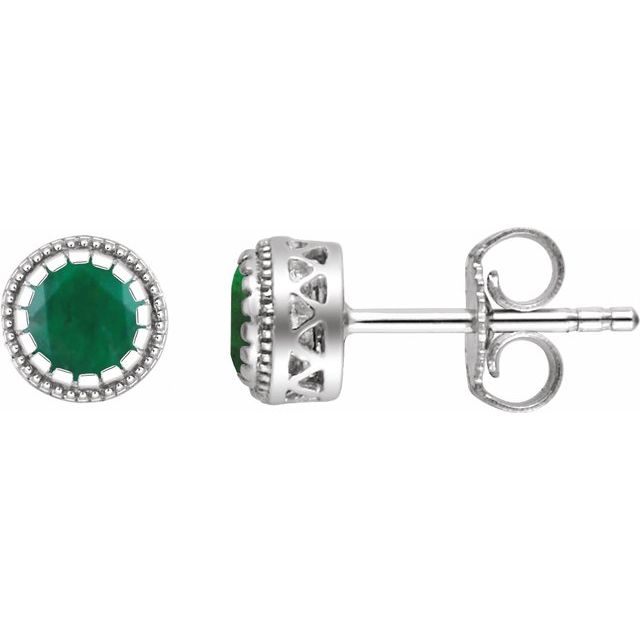 14K White Natural Emerald Stud Earrings