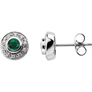 14K White 3.5 mm Round Emerald & 1/10 CTW Diamond Earrings