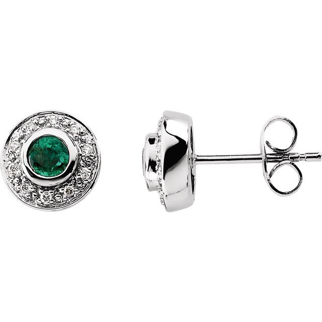14K White 3.5 mm Natural Emerald & 1/10 CTW Natural Diamond Earrings