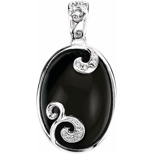 Sterling Silver Natural Black Onyx & .05 CTW Natural Diamond Scroll Pendant