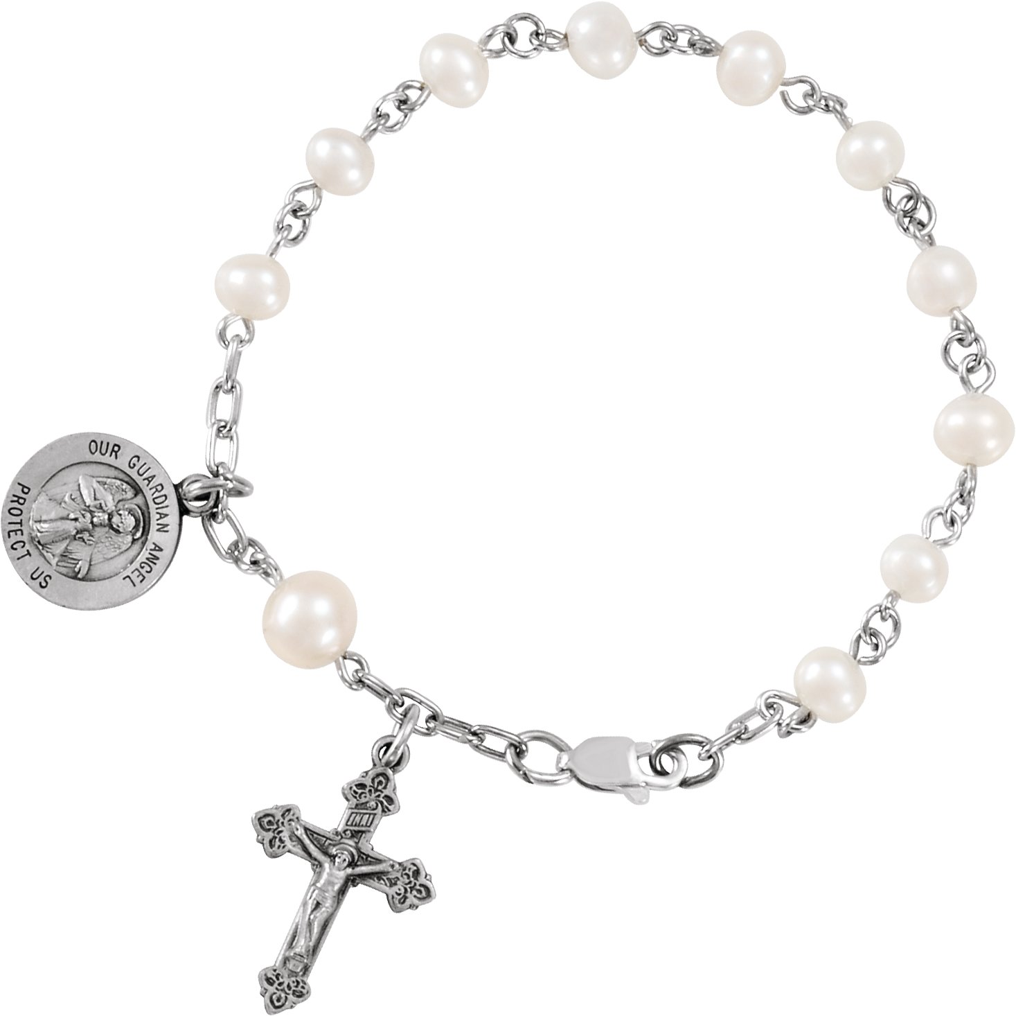 Sterling Silver Freshwater Cultured Pearl Our Guardian Angel Rosary 6" Bracelet 