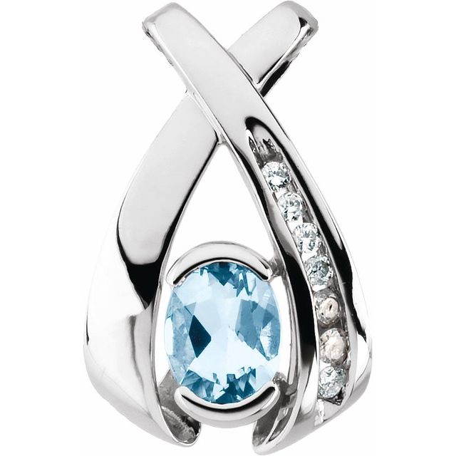 14K White Natural Aquamarine & .08 CTW Natural Diamond Pendant
