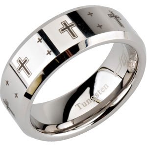 Tungsten 8.3 mm Beveled Band with Black Laser Crosses Size 10.5