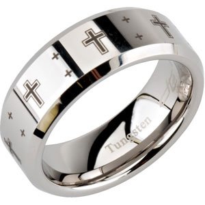 Tungsten 8.3 mm Beveled Band with Black Laser Crosses Size 7