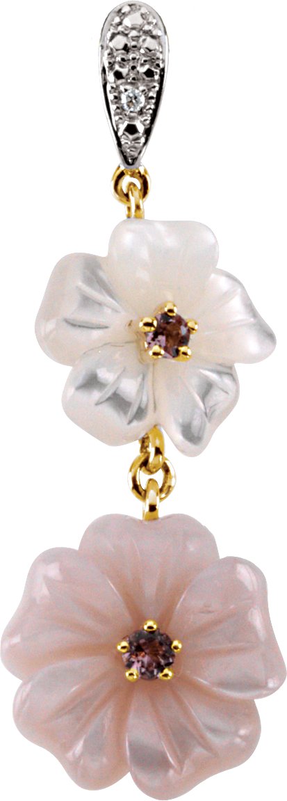 14K Yellow Natural White & Pink Mother of Pearl, Natural Pink Tourmaline & .005 CTW Natural Diamond Pendant