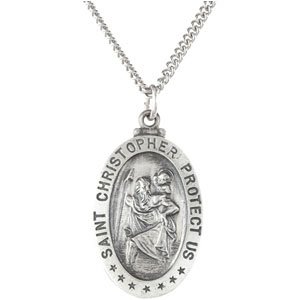 Sterling Silver 21.5x14.5 mm Oval St. Christopher 18