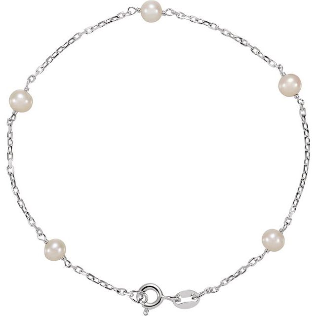Sterling Silver Cultured White Freshwater Pearl 5-Station 7" Bracelet