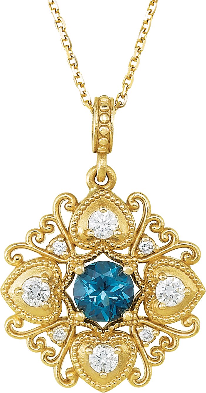 14K Yellow Natural London Blue Topaz & 1/4 CTW Natural Diamond 18" Necklace