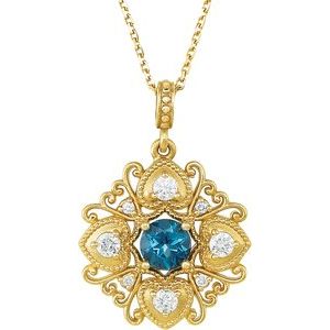 14K Yellow Natural London Blue Topaz & 1/4 CTW Natural Diamond 18" Necklace