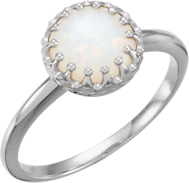 14K White 8 mm Round Opal Ring