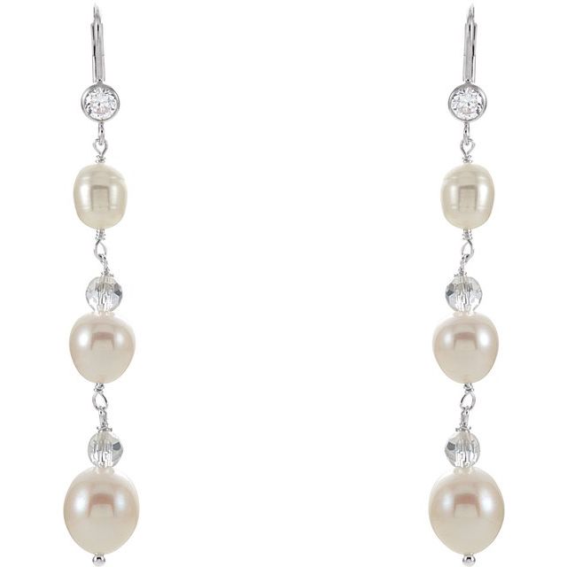Sterling Silver Cultured White Freshwater Pearl & Crystal Earrings