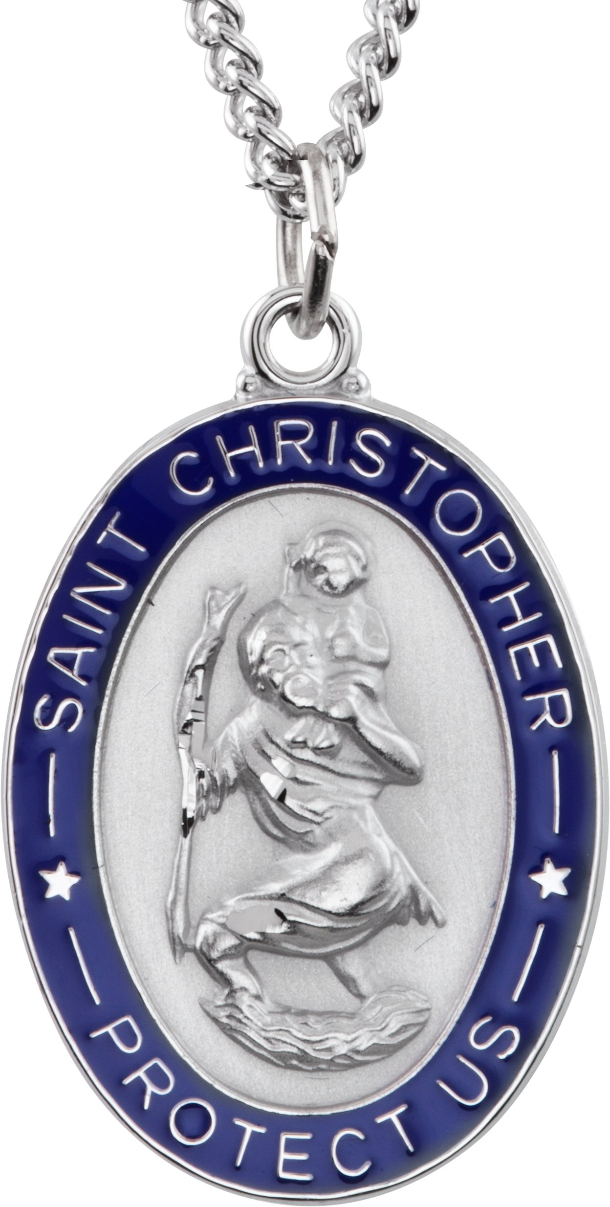 Sterling Silver 26x20 mm Blue Enamel St. Christopher Medal 24