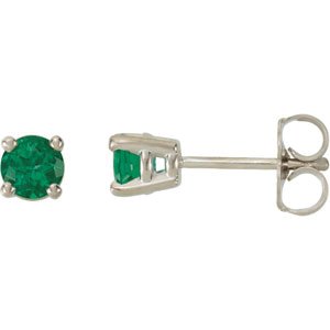14K White 4 mm Round Lab-Grown Emerald Earrings