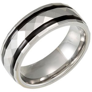 Tungsten 8.3 mm Faceted Domed Band with Black Enamel Inlays Size 9