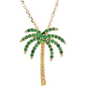 14K Yellow Natural Tsavorite Garnet & Natural Yellow Sapphire Palm Tree 18" Necklace 