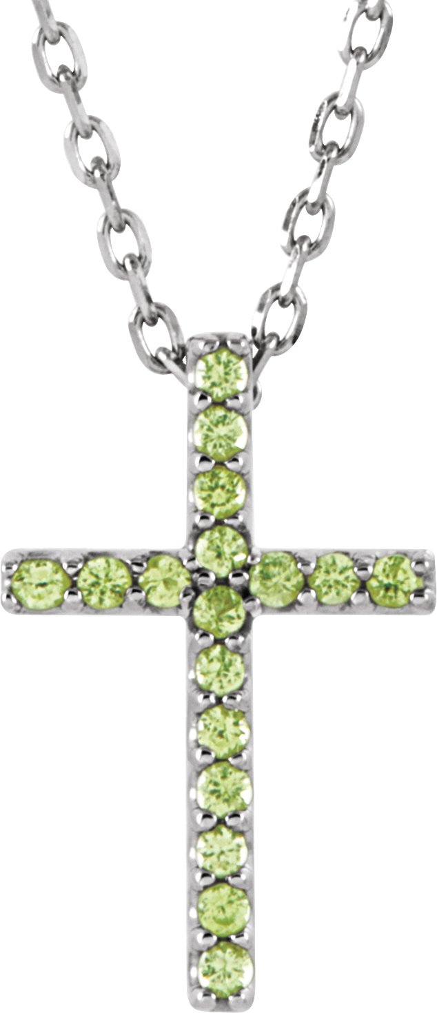 14K White Natural Peridot Petite Cross 16