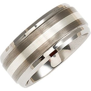 Tungsten 10 mm Ridged Beveled-Edge Band with Sterling Silver Inlay Size 8.5