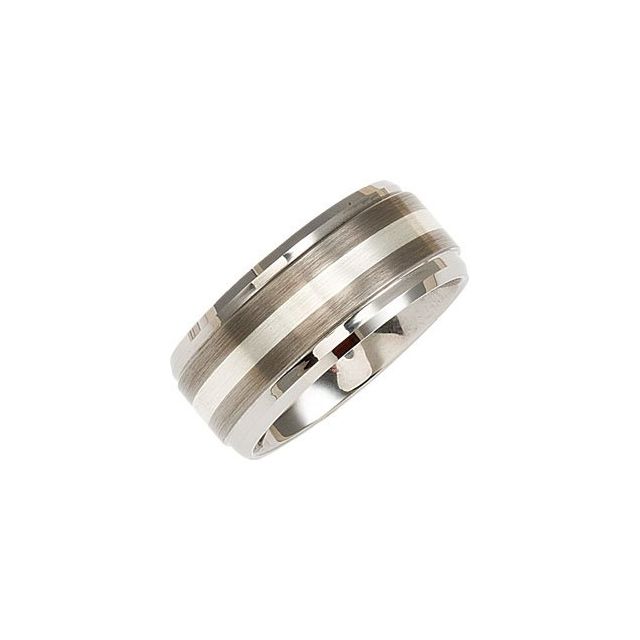 Tungsten 10 mm Ridged Beveled-Edge Band with Sterling Silver Inlay Size 11