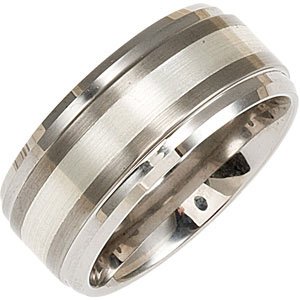 Tungsten 10 mm Ridged Beveled-Edge Band with Sterling Silver Inlay Size 11