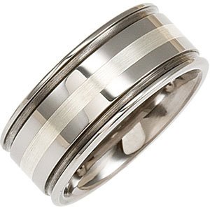 Tungsten & Sterling Silver 10 mm Grooved Band Size 12