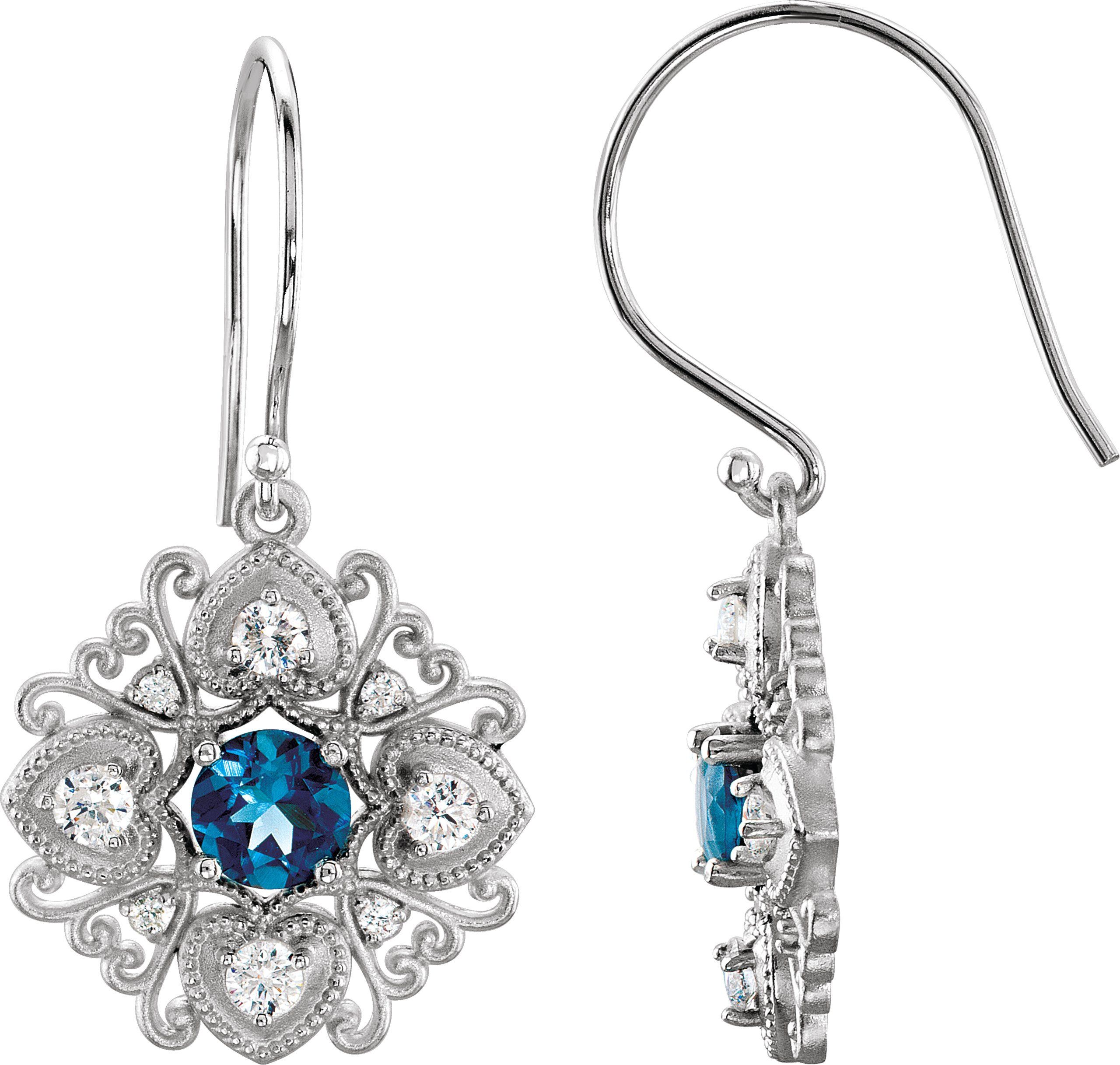 14K White London Blue Topaz and .50 CTW Diamond Vintage Inspired Filigree Earrings Ref 3417623