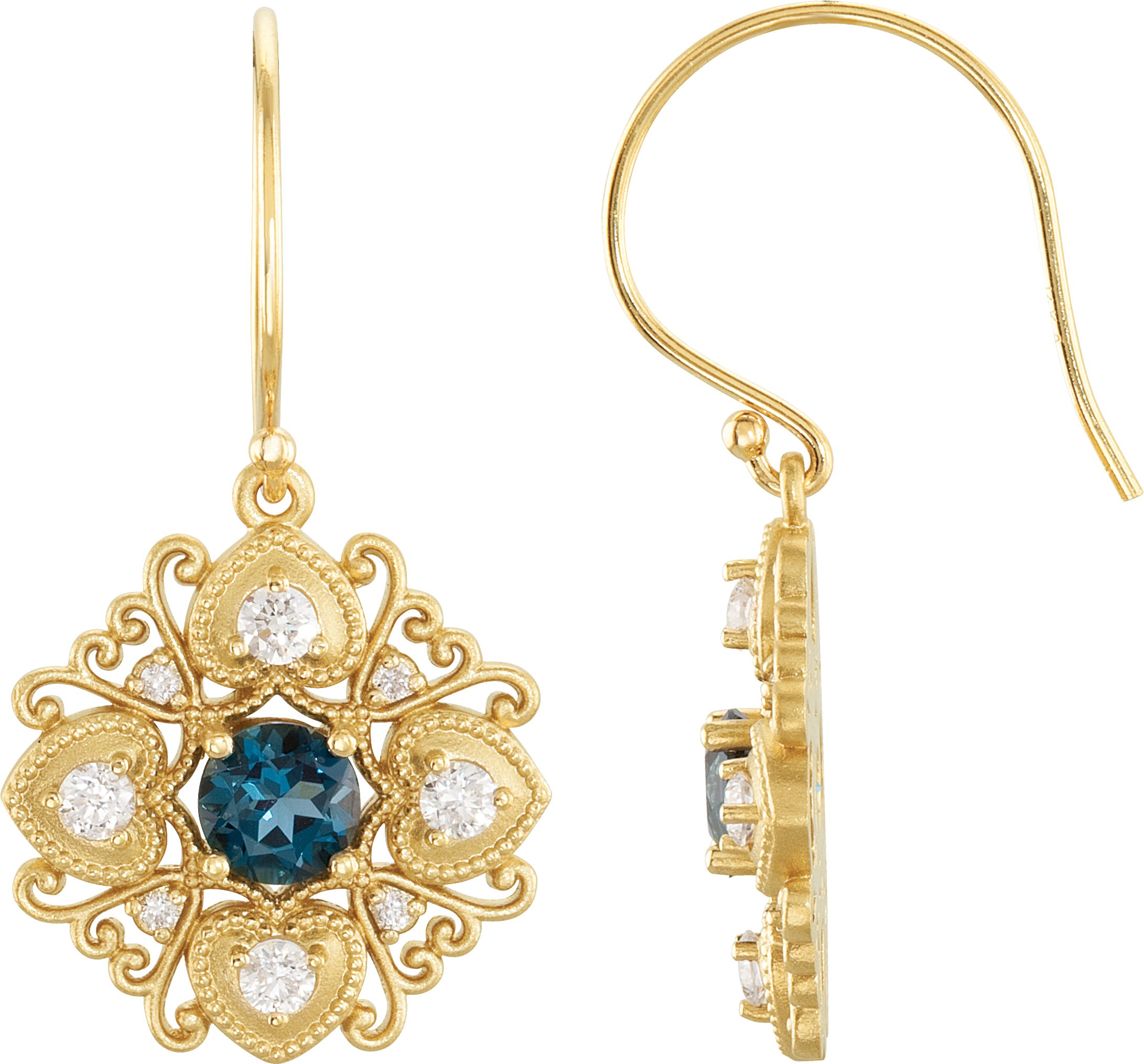 14K Yellow London Blue Topaz and .50 CTW Diamond Vintage Inspired Filigree Earrings Ref 3417665