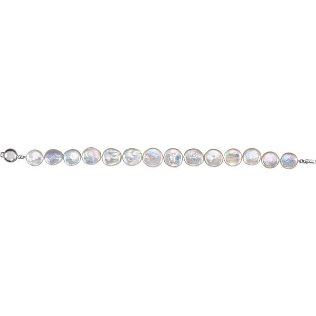 Sterling Silver 13-14 mm Cultured White Freshwater Pearl Coin  7 3/4 Bracelet