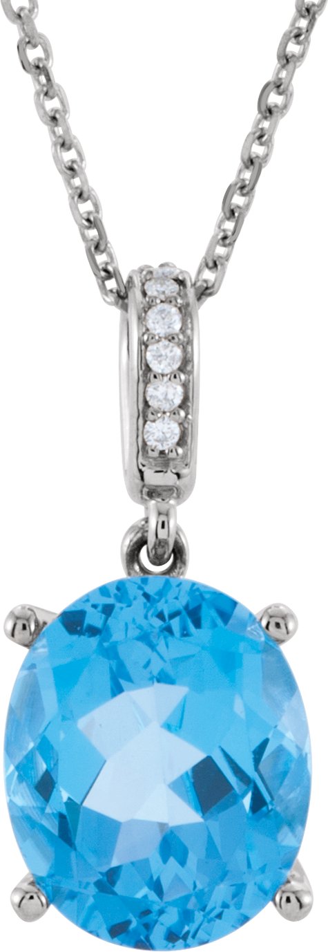 Natural Swiss Blue Topaz And .025 CTW Natural Diamond Necklace – 14K White Gold
