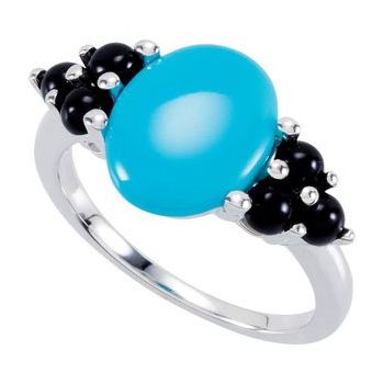14K White Turquoise and Onyx Cabochon Ring Ref 2987465