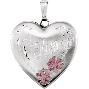 Sterling Silver 25.2x23.8 mm Mom Heart Locket with Enameled Flowers