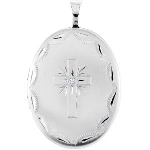 Sterling Silver .015 CT Natural Diamond Oval Locket Cross 18" Necklace 