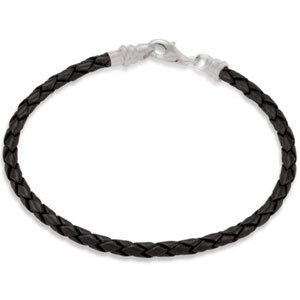 Sterling Silver Black Leather Braided 7.5" Bracelet