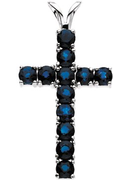 14K White Natural Blue Sapphire Cross Pendant