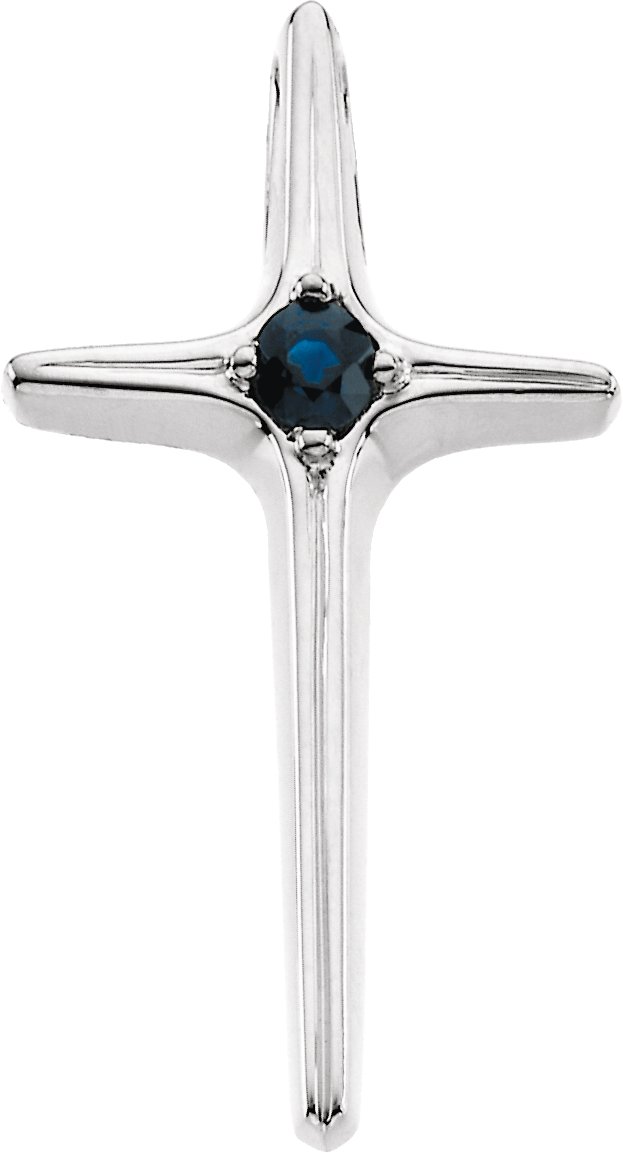 14K White Natural Blue Sapphire Cross Pendant