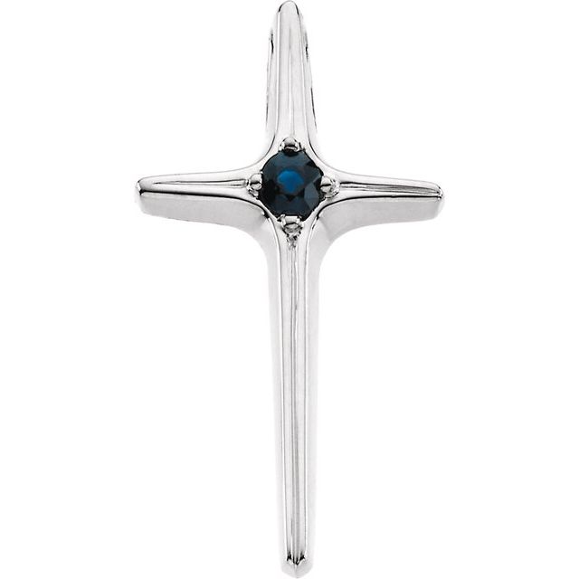 14K White Natural Blue Sapphire Cross Pendant