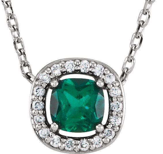 14K White Lab-Grown Emerald & .05 CTW Natural Diamond 16" Necklace
