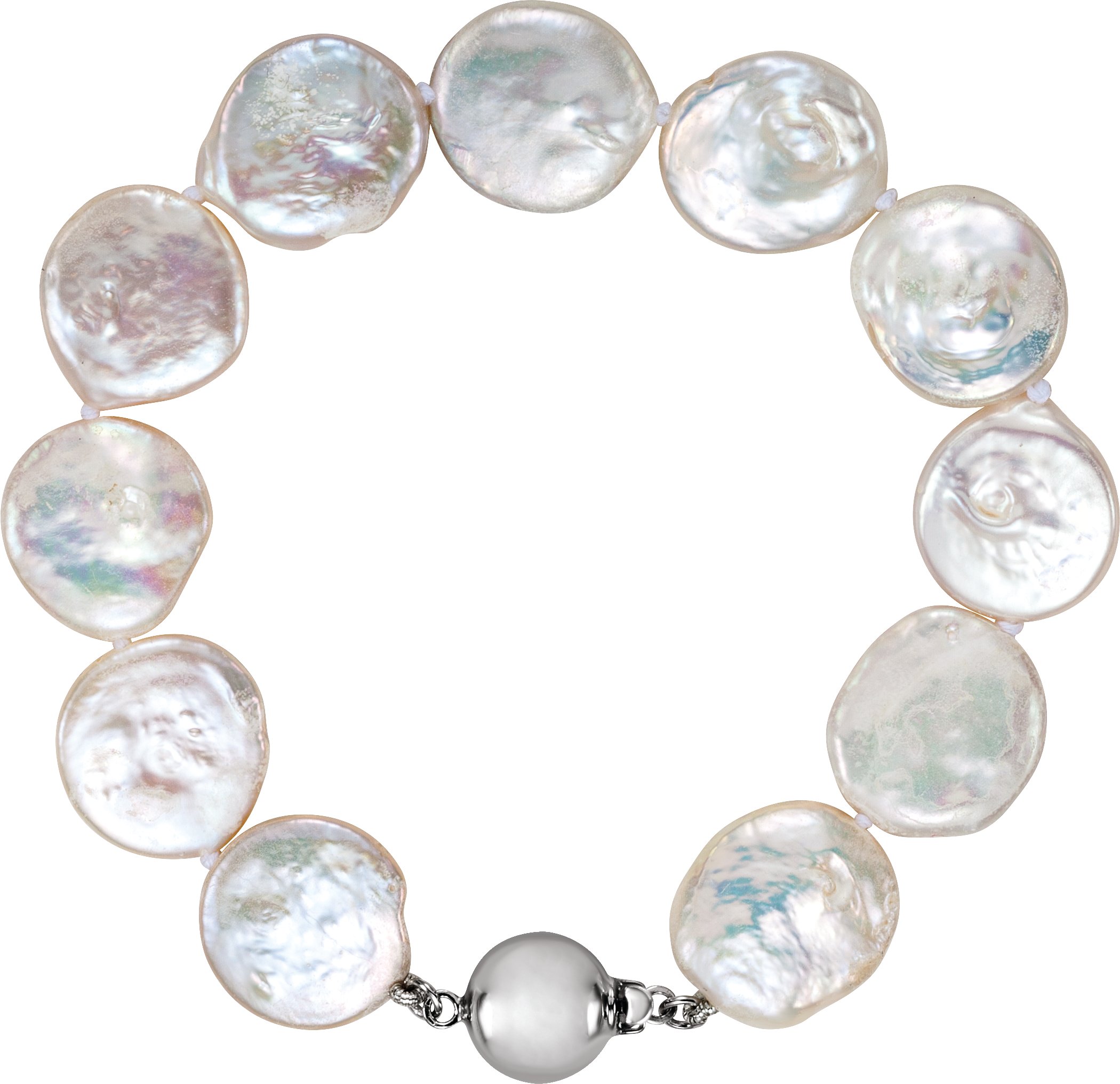 Sterling Silver 13-14 mm Cultured White Freshwater Pearl Coin  7 3/4" Bracelet