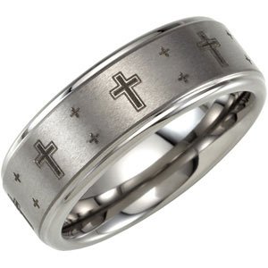 Tungsten 8.3 mm Black Laser Cross Ridged Ring Size 8.5