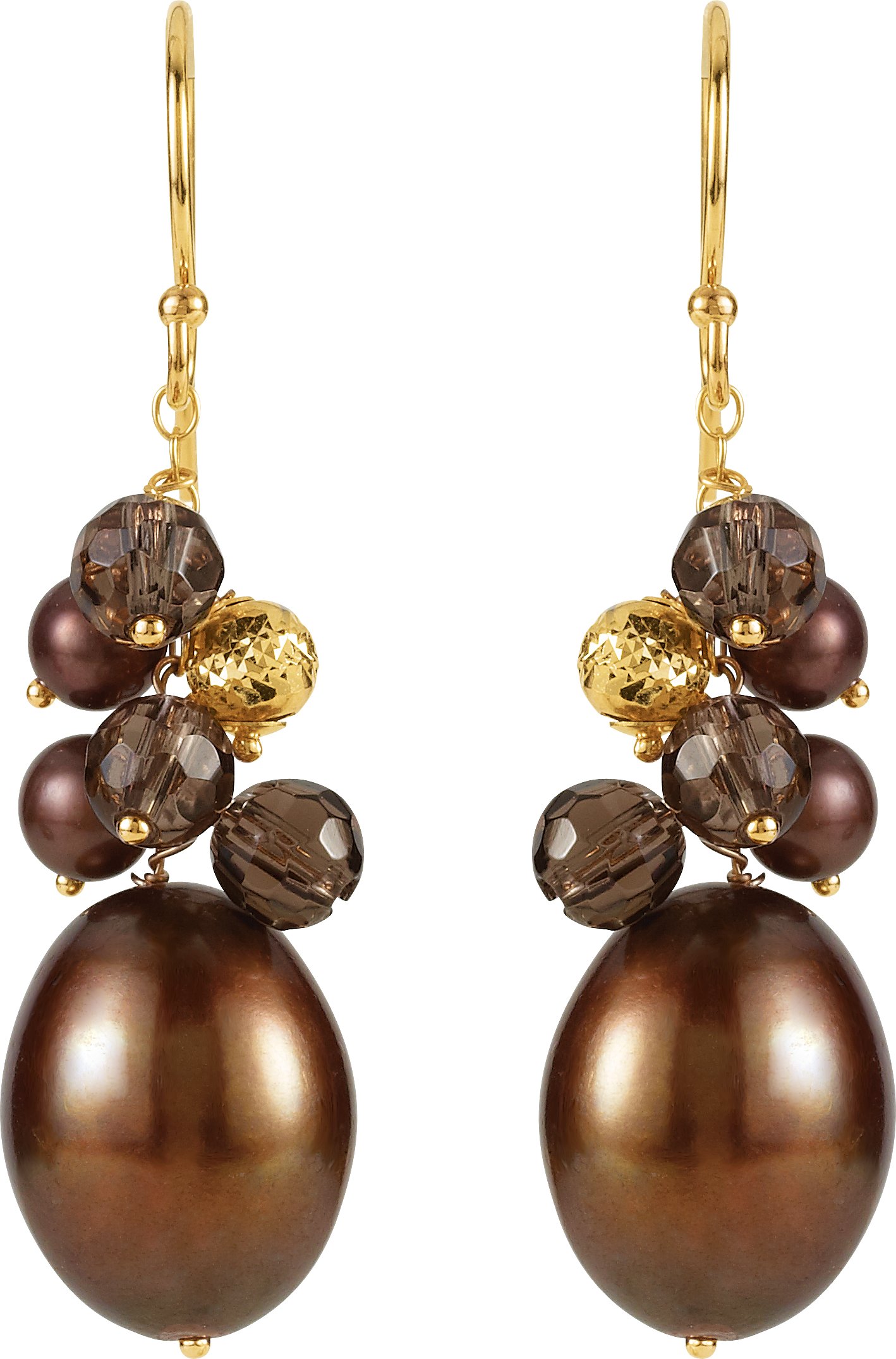 14K Yellow Cultured Dyed Chocolate Freshwater Pearl & Natural Smoky Quartz Earrings