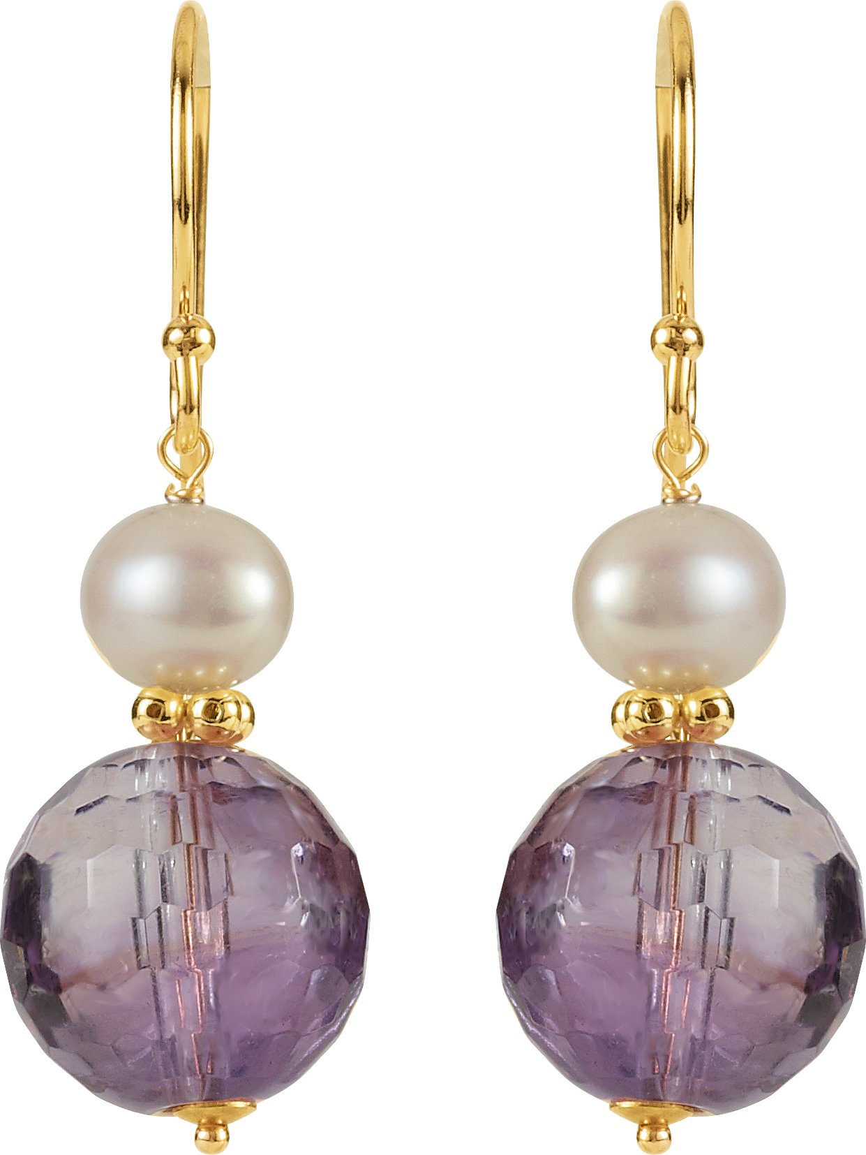 14K Yellow Natural Amethyst & Cultured White Freshwater Pearl Earrings