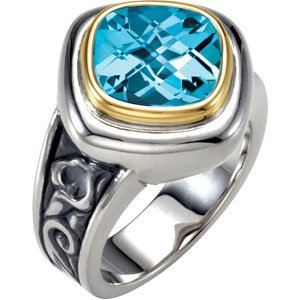 Sterling Silver and 14K Yellow 10 mm Checkerboard Sky Blue Topaz Ring Ref 2987086