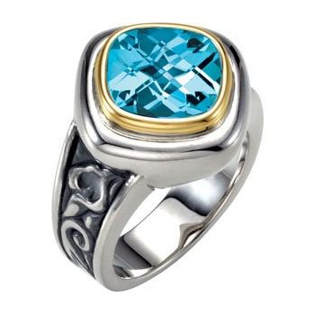 Sterling Silver and 14K Yellow 10 mm Checkerboard Sky Blue Topaz Ring Ref 2987086
